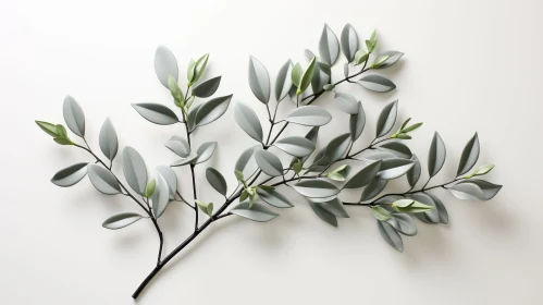 Botanical 3D Rendering: Dark Brown Branch with Light Grey Leaves
