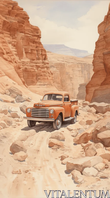 Captivating Orange Truck in the Desert - Realistic Watercolor Paintings AI Image
