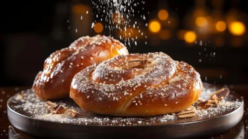 Delicious Buns with Powdered Sugar on Wooden Plate