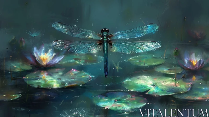 Dragonfly Painting Over Pond - Nature Artwork AI Image