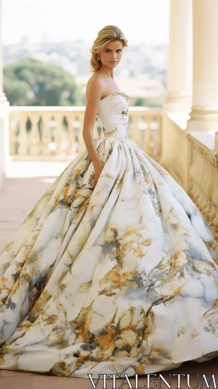 Elegant Wedding Dress Model with City View AI Image