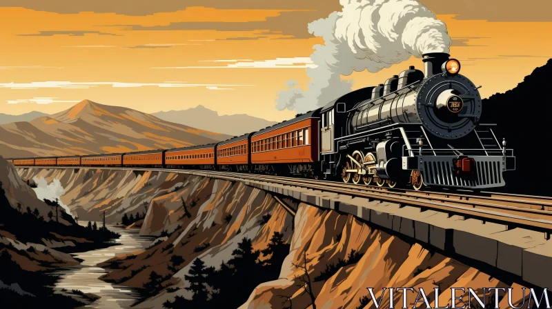 Steam Train Crossing Stone Bridge Over Gorge AI Image