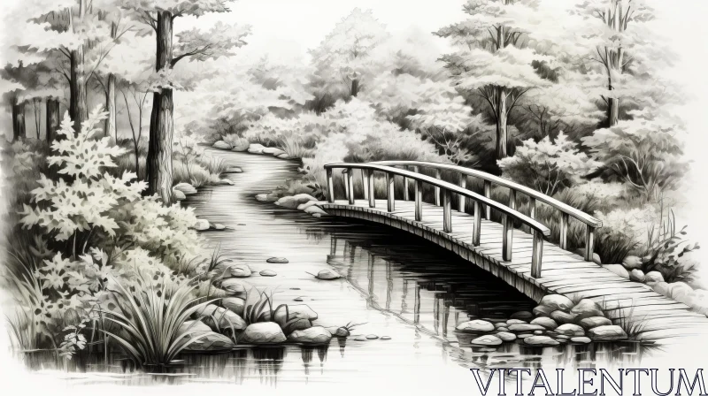 Tranquil Forest Bridge Pencil Drawing AI Image