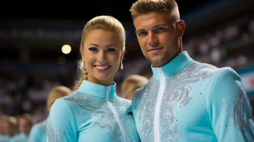 Young Man and Woman in Matching Blue Sequined Costumes