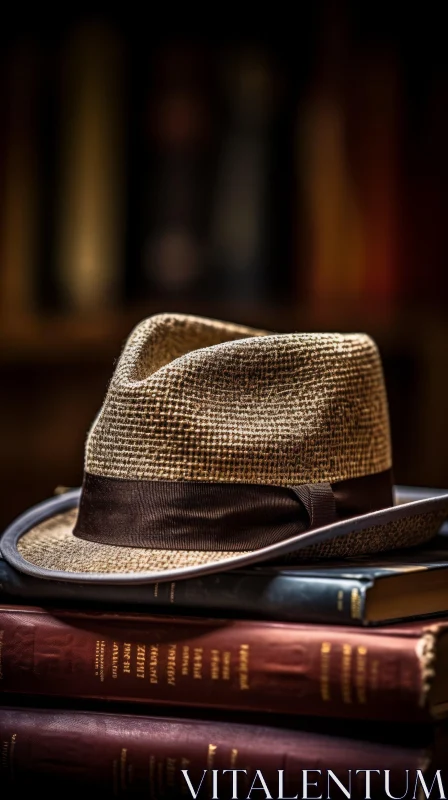 Brown Straw Hat on Stack of Old Books - Mystery Scene AI Image