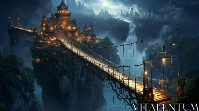 Fantasy Landscape with Wooden Bridge and Full Moon AI Image
