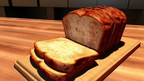 Golden Brown Bread Loaf and Slices on Wooden Table