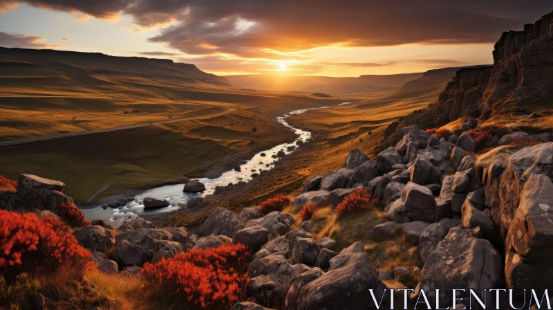 Golden Valley: Majestic Mountains and Meandering River AI Image