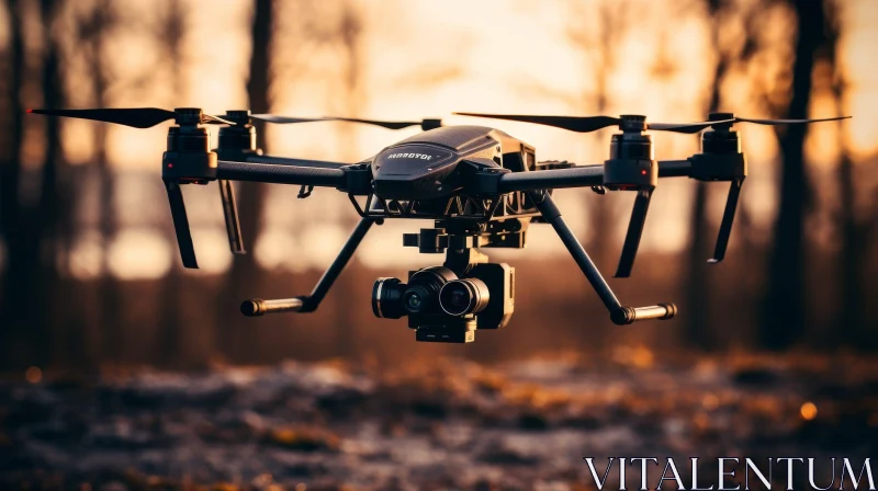 Hexacopter Drone Flying in Forest at Sunset AI Image