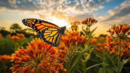 Monarch Butterfly on Milkweed Plant at Sunset
