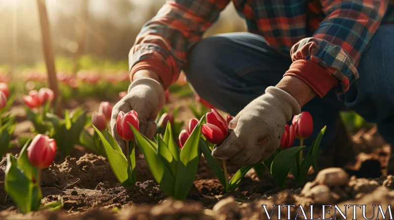 Person Gardening in Tulip Field under Sunlight AI Image