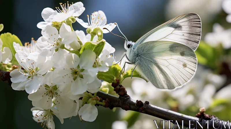 AI ART White Butterfly on Flowering Tree Branch