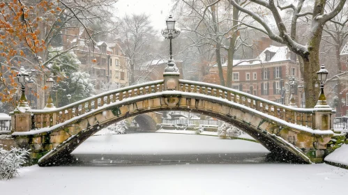 Winter Cityscape: Stone Bridge Over Frozen Canal