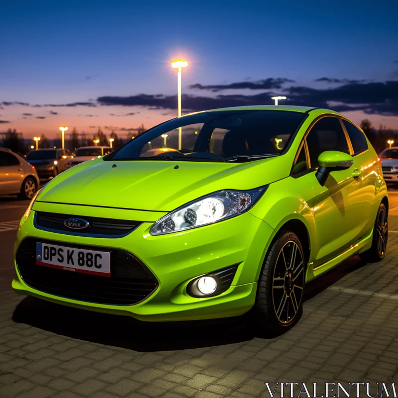 Bright Green Car Parked in Parking Lot at Night - Ultra HD Image AI Image