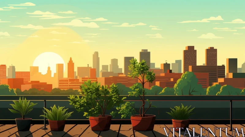 Cityscape Rooftop Terrace at Sunset AI Image