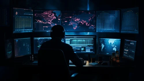 Dark Room Hacker Typing on Computer Monitors