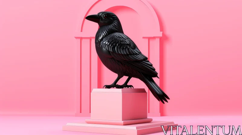 Enigmatic Black Raven 3D Rendering on Pink Background AI Image