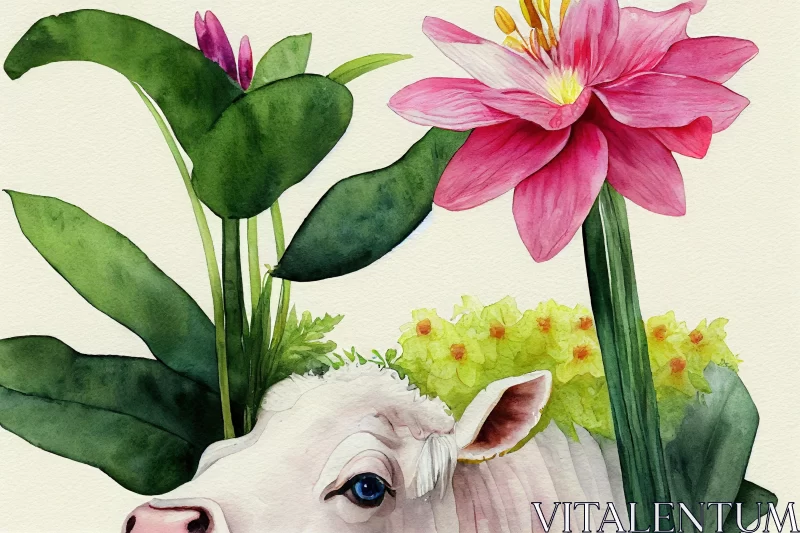 Pink Cow with Flowers: Realistic Watercolor Art Print AI Image
