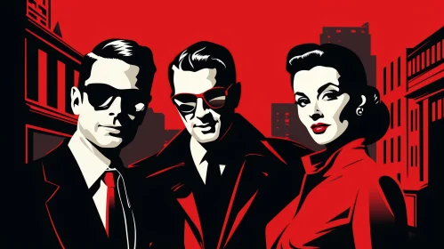 Retro Vector Illustration of Three People in 1940s Style