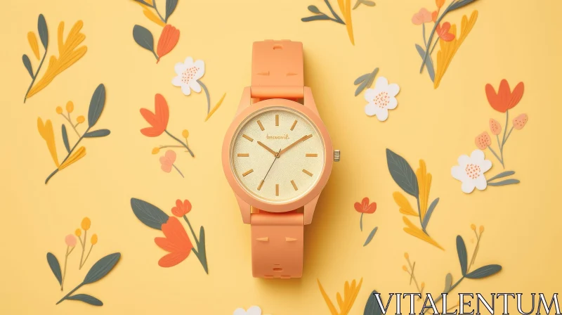 Stylish Orange Watch with Floral Design on Yellow Background AI Image