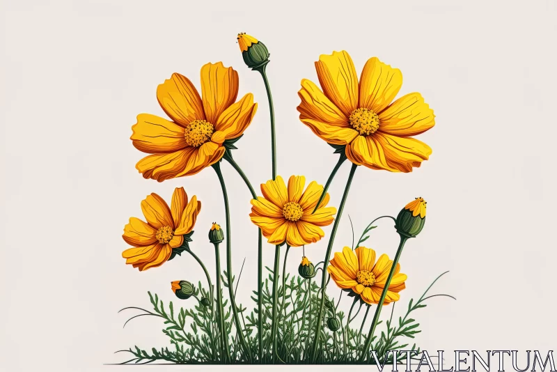 Yellow Cosmos Flowers Illustration: Captivating Mid-Century Art AI Image