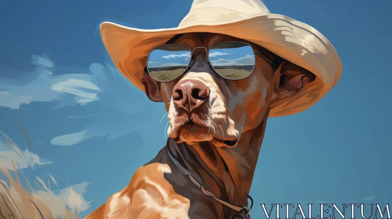 Brown Dog in Cowboy Hat and Sunglasses under Blue Sky AI Image