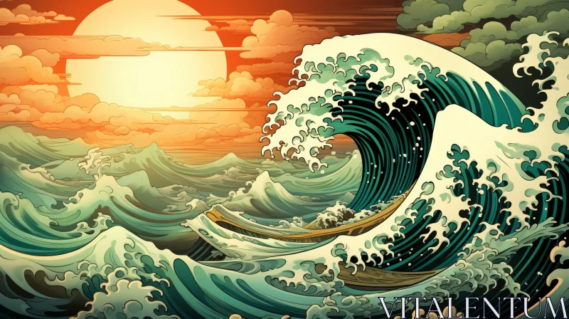 Powerful Sea Wave Boat Painting AI Image