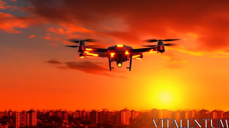 Red Drone Flying at Sunset Over City | Aerial Urban View AI Image