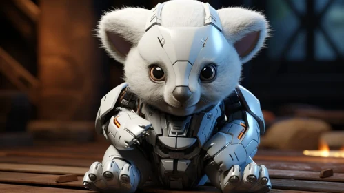 Robotic Koala in Armor on Wooden Surface