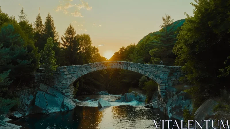 AI ART Serene Stone Bridge Over River in Forest at Sunset