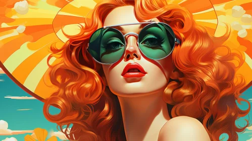 Stylish Woman Portrait with Red Hair and Sunglasses