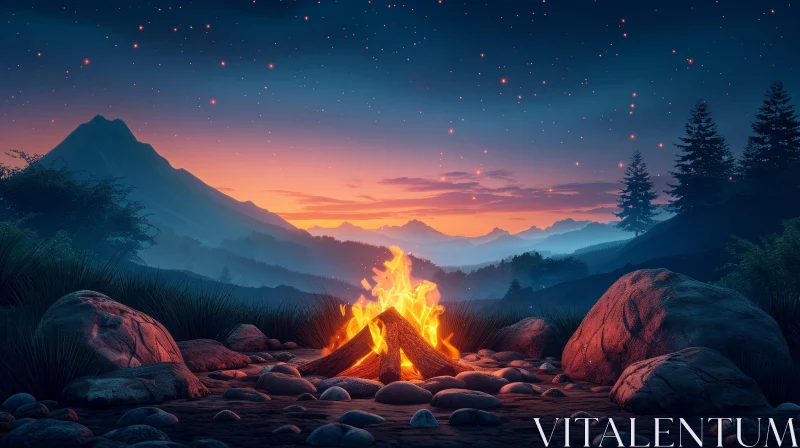 AI ART Tranquil Night Campfire in Forest Landscape