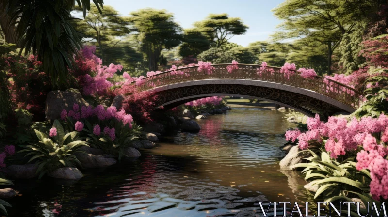 Tranquil Park Landscape with River and Stone Bridge AI Image