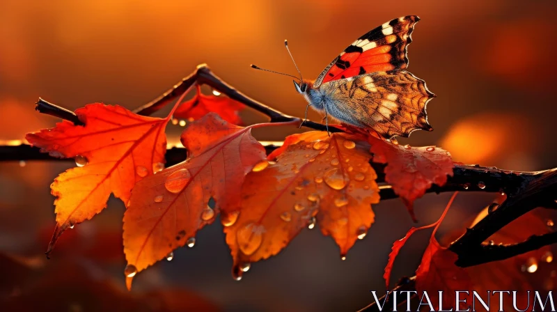 AI ART Beautiful Butterfly on Autumn Branch with Orange Leaves
