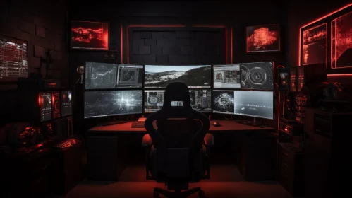 Dark Room with Computer Monitors and Red Light