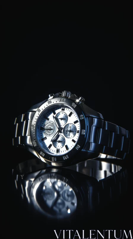 Elegant Silver Wristwatch on Reflective Surface AI Image