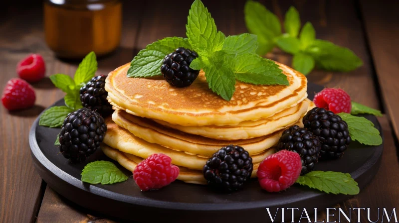 AI ART Fluffy Pancakes with Fresh Berries and Mint - Delicious Breakfast