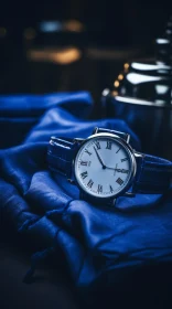 Stylish Men's Wristwatch on Blue Background