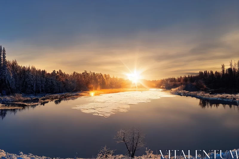 Sunrise over a Snow-Covered River: Serene and Dreamlike Ambiance AI Image
