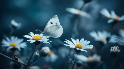 White Butterfly on Daisy Flower - Nature Close-up Photography