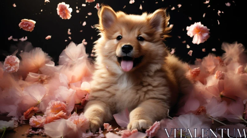 Adorable Pomeranian Puppy Among Pink Flowers AI Image