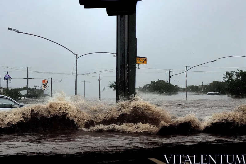 Captivating Image of a Flooded Street near a Traffic Signal AI Image