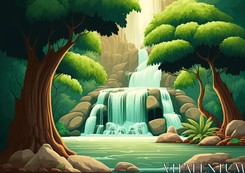 Cartoon Forest with Waterfall: Serene Harmony and Exotic Flora AI Image