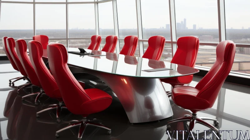 Contemporary Glass Boardroom with Red Leather Chairs AI Image