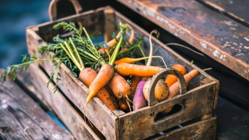 Freshly Harvested Colorful Carrots in Wooden Box