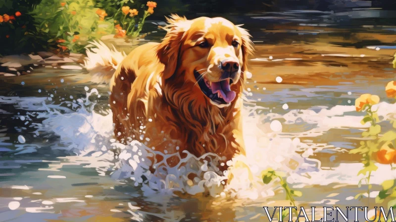 Golden Retriever Running in Water - Nature's Playful Moment AI Image