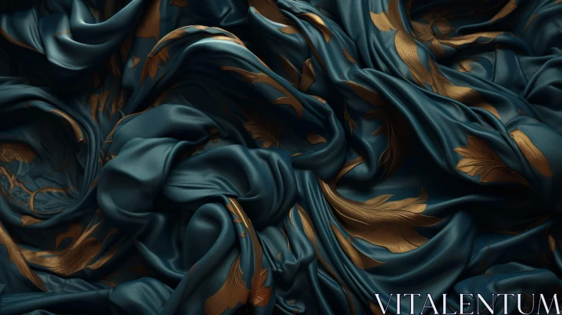 AI ART Luxurious Blue Silk Fabric with Golden Floral Pattern