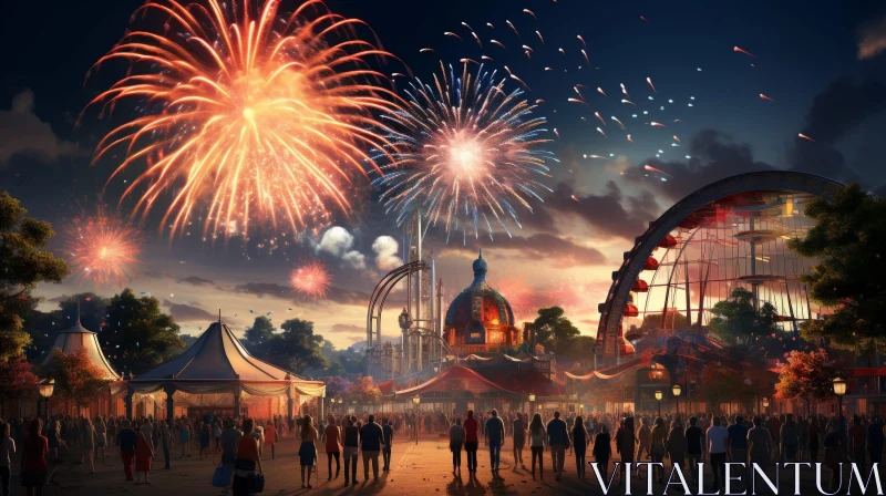 Nighttime Amusement Park with Fireworks AI Image