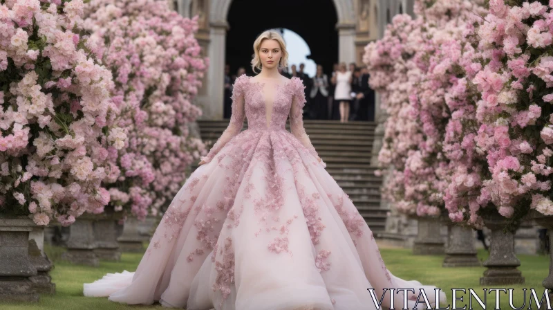 Pink Wedding Dress Model in Garden AI Image