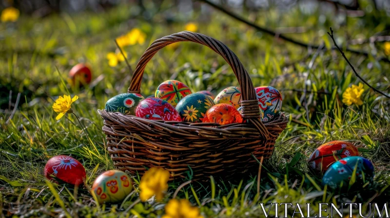 Easter Eggs Basket on Green Grass with Yellow Flowers AI Image